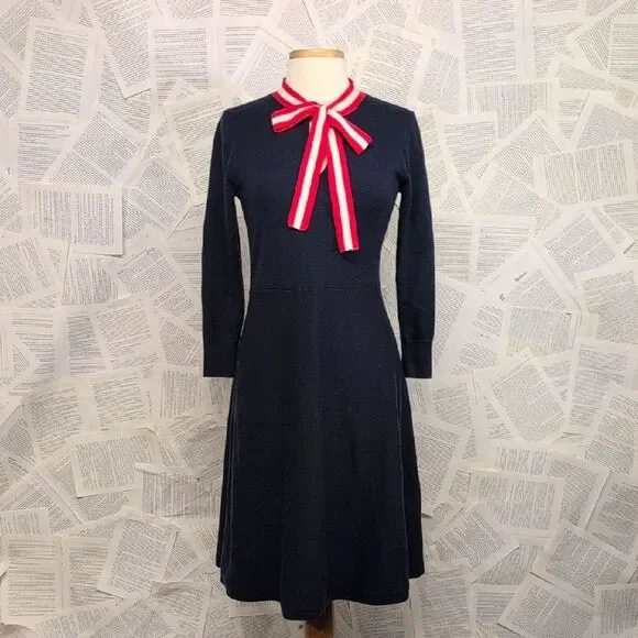 J Crew Naval Style Navy Dress with Red and White Bow Accent Size Small