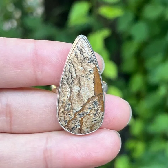 Size 9.25 925‎ silver plated picture jasper ring 0489