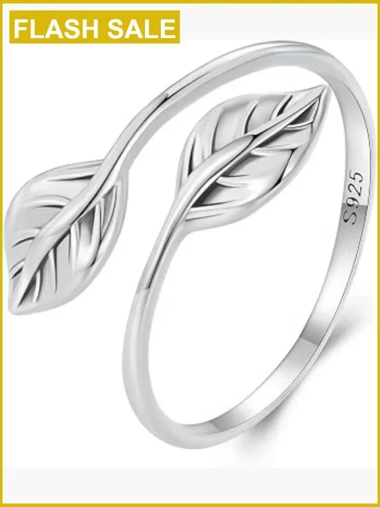 Sterling Silver Dainty Stackable Rings - Leaf Design Adjustable Size 6-9