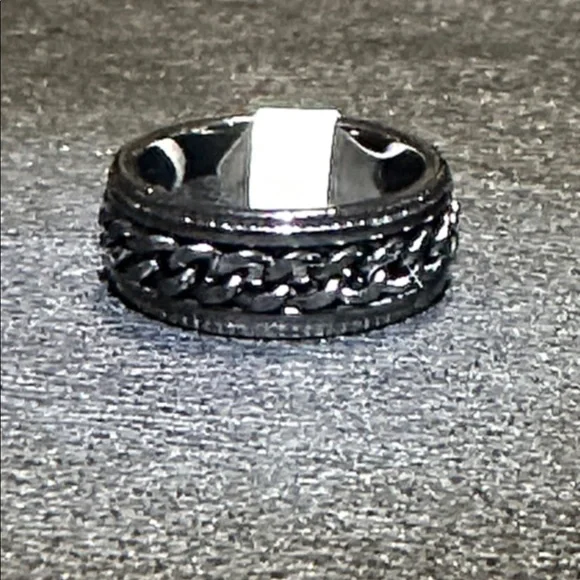 Black Spinner Curb Chain Inlay Band Ring NEW