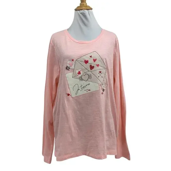J Crew T Shirt Women L Large Pink Love Letters Graphic Collector Long Sleeve Tee