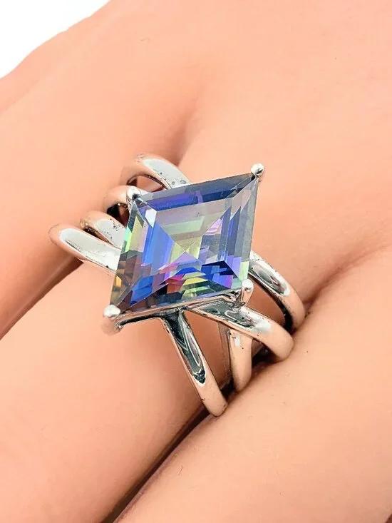 Contemporary Marked Sterling Silver Lozenge Cut Mystic Topaz Ring Sz 10