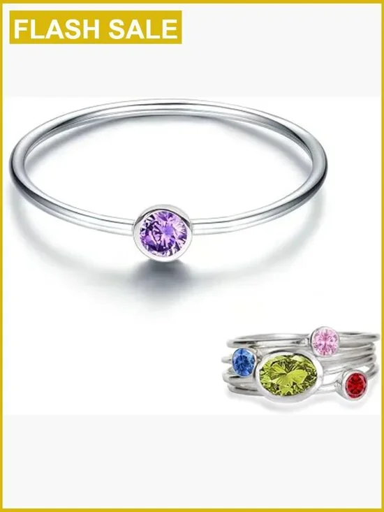 Sterling Silver Mother Daughter Birthstone Stackable Ring Set - Adjustable