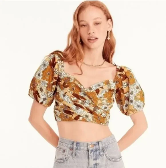 J. Crew Puff Sleeve Organic Cotton Crop Top in Zinnia Floral XS