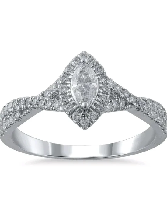 Marquise Halo 1/2 Ctw Diamond Engagement Ring in 10k White Gold Setting Nwot