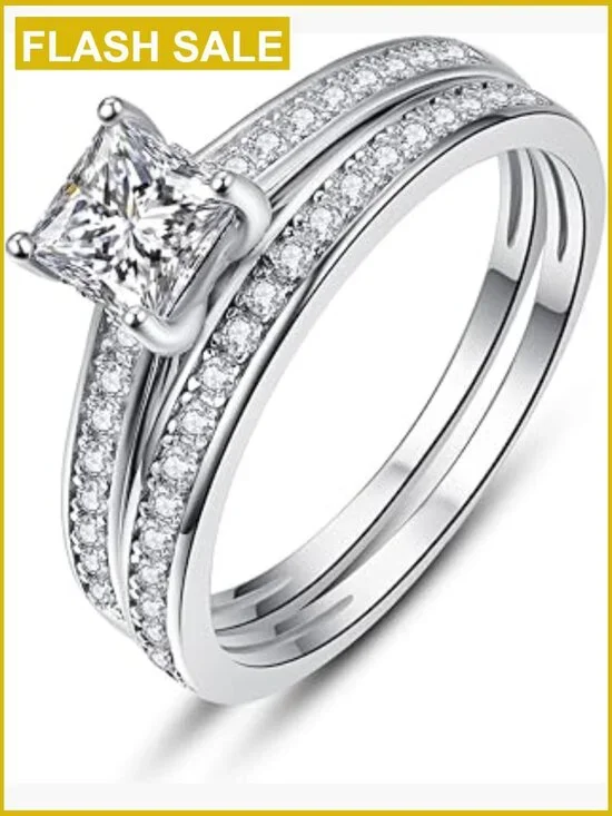 1.35ct Princess Cut Cubic Zirconia Engagement Ring Wedding Band Set Silver Size