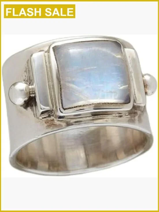 925 Sterling Silver Square Moonstone Wide Band Ring Boho Vintage