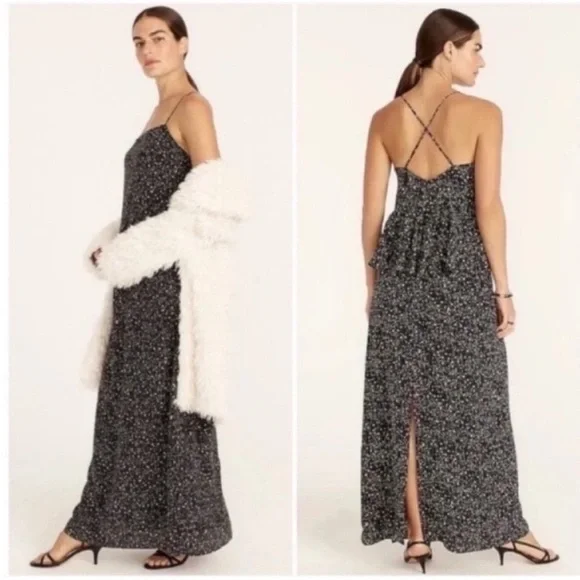 J. Crew Ruffle Back Silk Maxi Slip Dress Starry Sky NWT