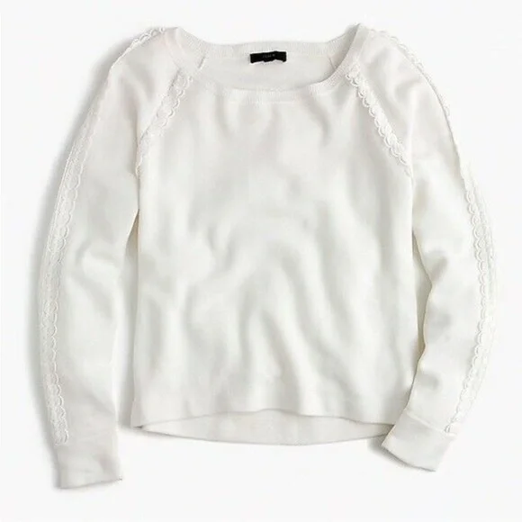 J Crew Women's Scalloped Crewneck Sweater Long Sleeve Pullover Top White Small