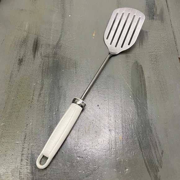 PEDRINI ITALY INOX 18/10 STEEL SLOTTED FOOD TURNER / SPATULA  15 in White Handle