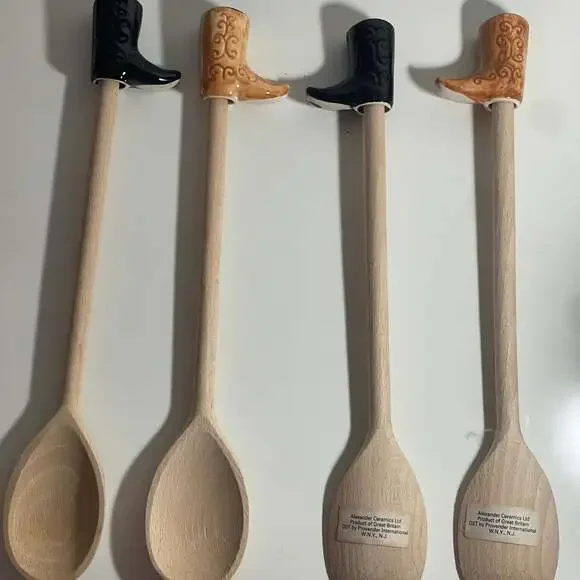 Vintage Cowboy Boot Ceramic Handle Wooden‎ Spoons Set of 4