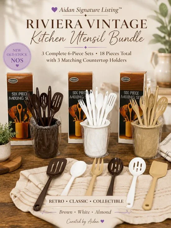 Vintage Riviera 6 Piece Plastic Kitchen Utensil Mixing Set Bundle
