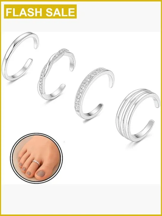 925 Sterling Silver Toe Rings Set of 4 Open Adjustable Bands