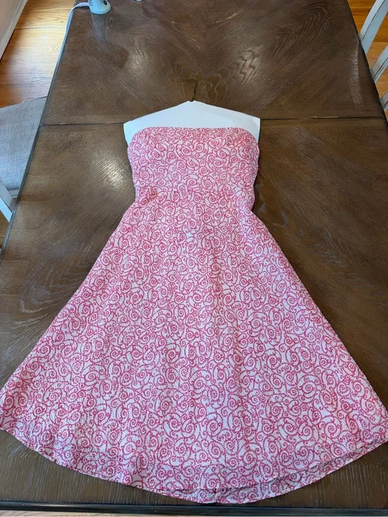 J. Crew Pink and White Strapless Midi Dress