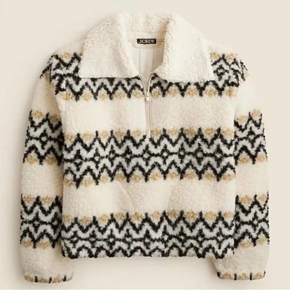 J. Crew Jacquard Print Sherpa Half-Zip Lined Fleece Pullover – Ivory | Sz. Small