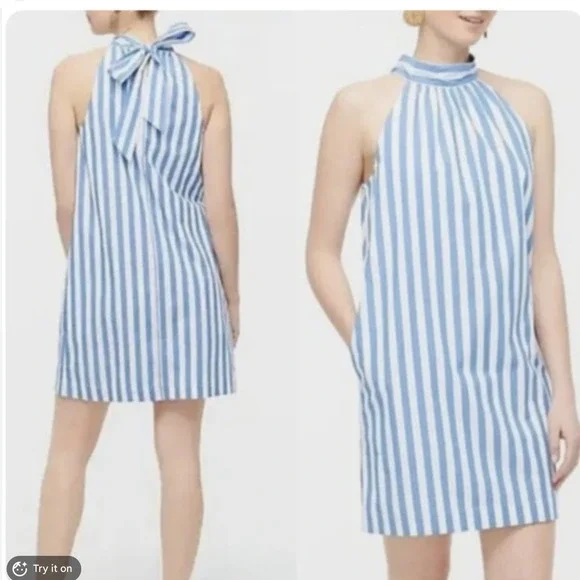 NEW J Crew Women Halter Bow Back Poplin Shift Dress Blue Stripe Beach Preppy 6