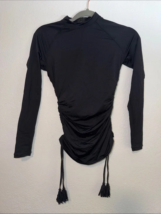 J. Crew Black Long-Sleeve Ruched Side Tie Swim Tee