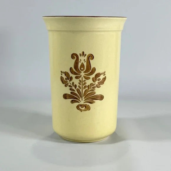 VTG Pfaltzgraff Village Stoneware Crock Utensil Holder Vase Tan Brown Floral USA
