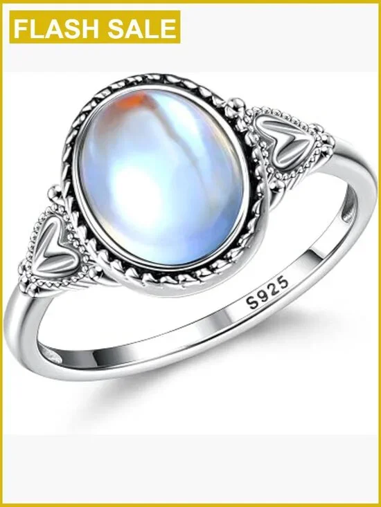 Sterling Silver Moonstone Mood Ring Victorian Oval Solitaire 18K White Gold