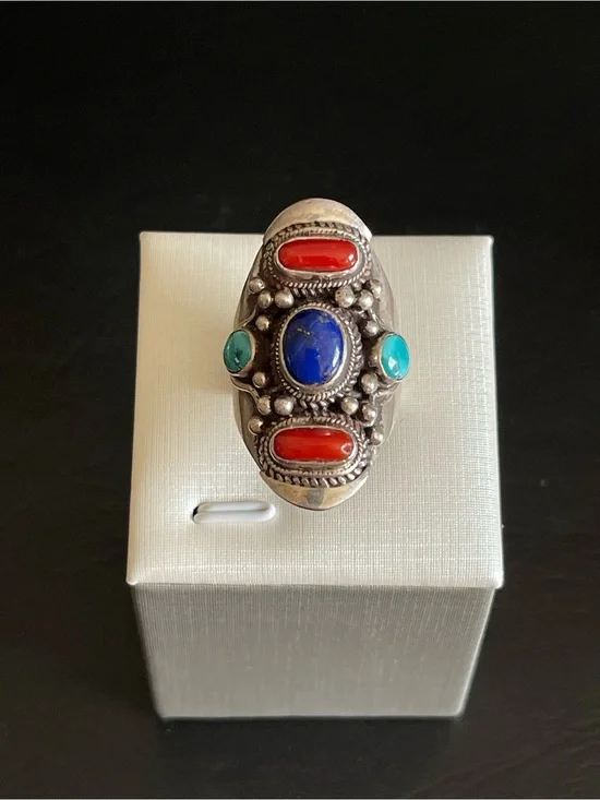 Vintage 925 Sterling genuine lapis turquoise,red coral Statement Ring.