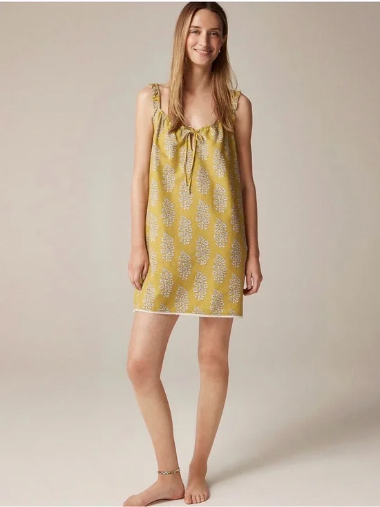 J.Crew Linen Cotton Blend Sleep Dress Lace Trim Floral Yellow Medium M
