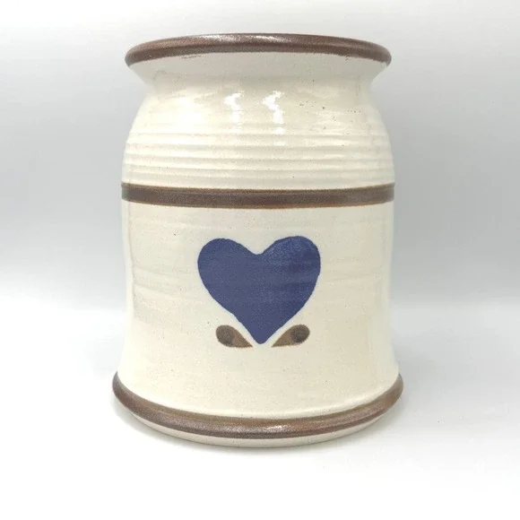 Handmade Stoneware Heart Crock Kitchen Utensil Holder Cream Blue Signed