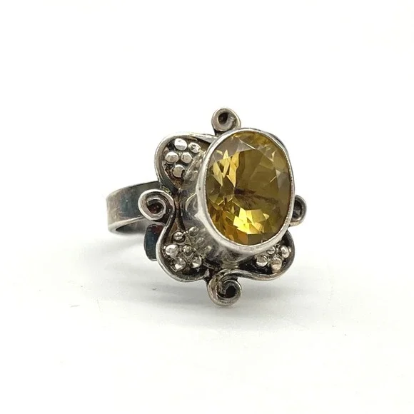 Oval Citrine Sterling Silver Statement Ring‎ Adjustable Size 7 Floral Design
