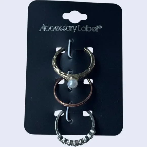 Accessory Label Mixed Metal 3 Ring Set Pearl Gold Rose Silver Boho Size 7