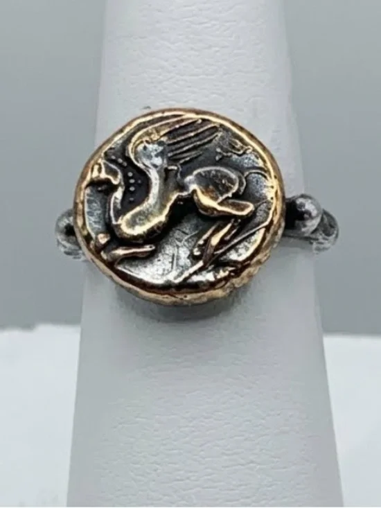 Artisan 925 Sterling Silver Bronze Greek Pegasus Athena Coin Ring Size 5