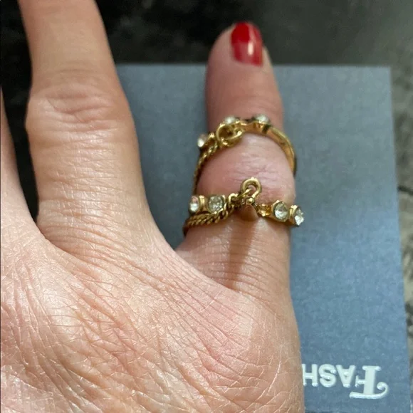Gold-Tone Crystal Double Chain Ring - Women Jewelry