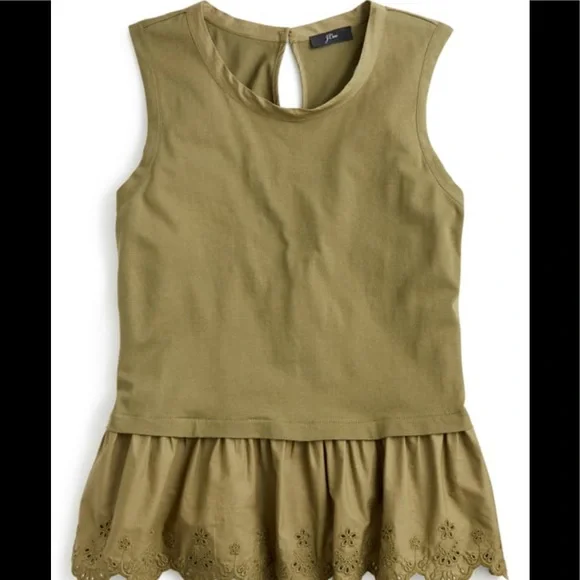 J. Crew Olive Green Sleeveless Eyelet Peplum Tank