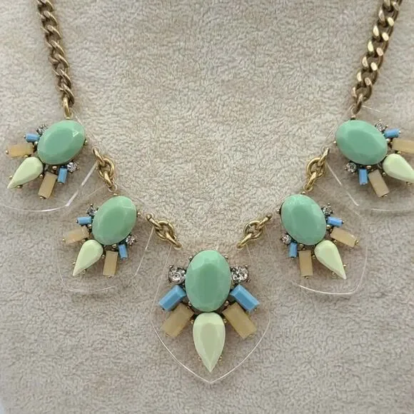 J Crew Clear Lucite with Multi Colored Stones Blue Tan White