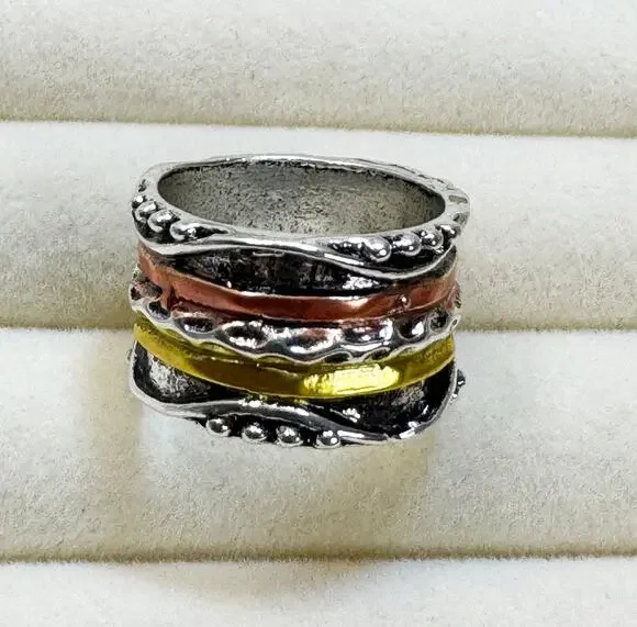Size 10 Boho Wide Band Ring Silver Gold Copper Textured Statement Ring 1/2