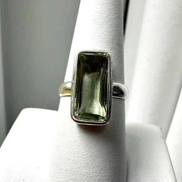 NWT 5ct emerald‎ cut Prasiolite ring in Bali sterling silver!