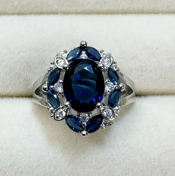 Size 7 New Blue Sapphire Color Ring Silver Oval Cocktail Statement Ring R003