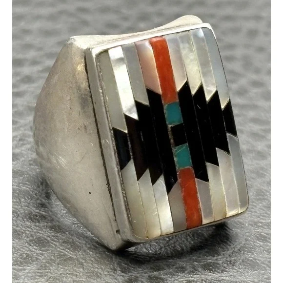 Huge Chunky Southwestern Sterling Silver Inlay Ring Turquoise Coral Black Onyx 9