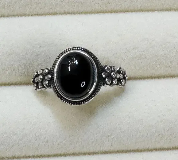 New Size 6 Black Onyx Color Cabochon Ring Silver Floral Vintage Style Ring R002