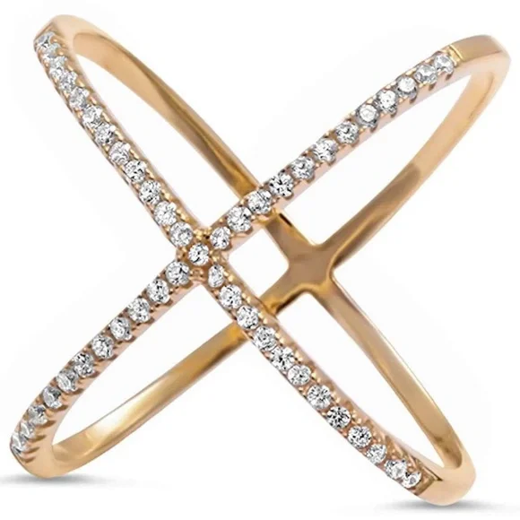 Womens Sterling Silver .925 Gold Tone Criss-Cross Zirconia‎ Cocktail Ring Size 7