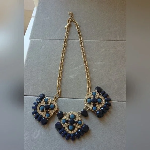 J. Crew Chunky Statement Gold Tone Blue & Clear Rhinestones Necklace