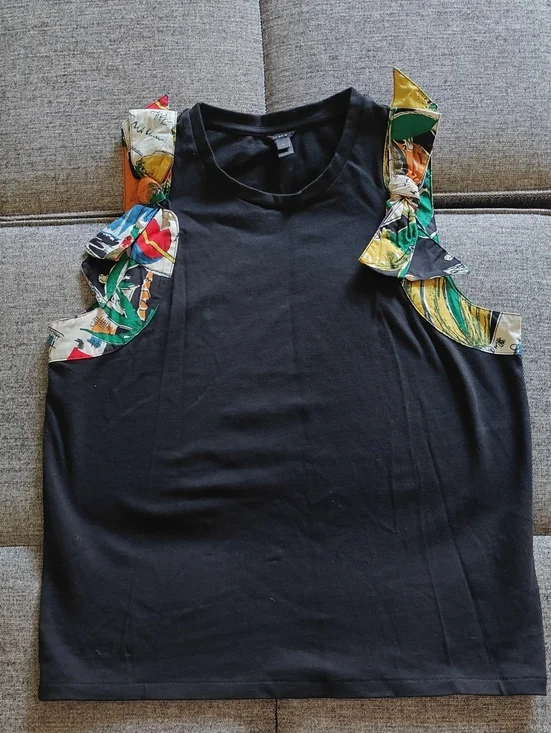 J. Crew Black Tank with Tropical Ruffle Shoulder Accents