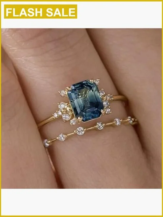 2PC Stacking Rings Set Square Crystal Simulated Diamond Wedding Band