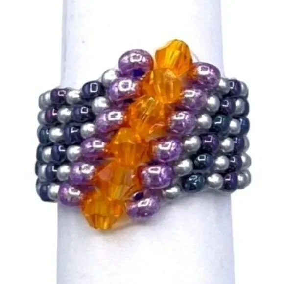 Silver with Purple and Orange Topaz Crystal Cellini Spiral Statement Ring Size 6