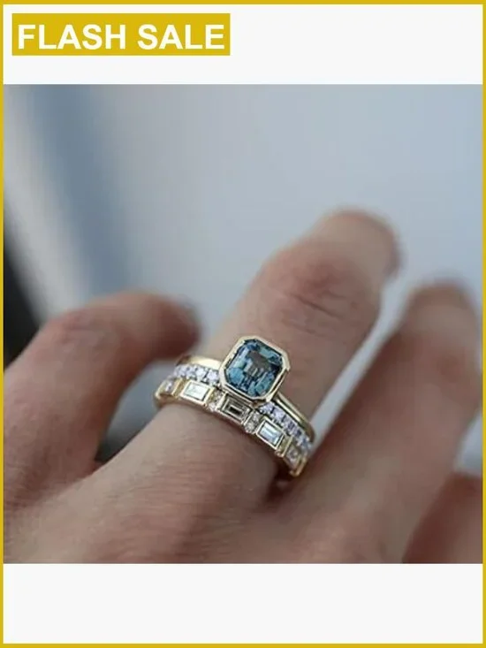 3PCS Gold Stacking Rings Sea Blue Crystal Simulated Diamond 925 Sterling Silver