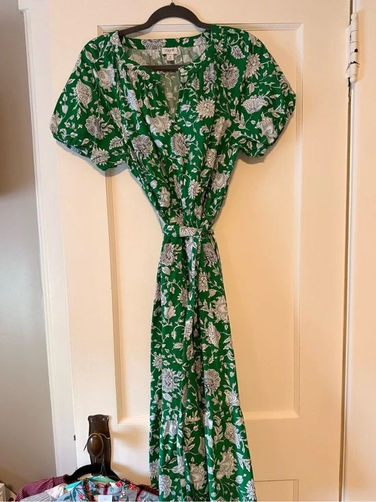 Jcrew Green Floral Wrap Dress with Puff Sleeves