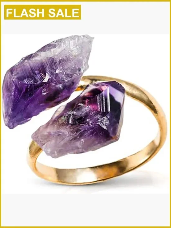 Adjustable Healing Crystal Ring Handmade Bypass Ring Gold-Plated Copper