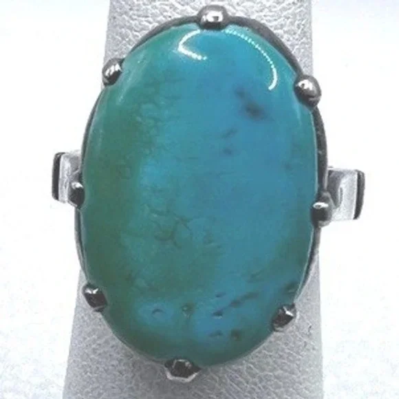 Sterling Silver Blue Semi Precious Stone Ring Signed Swirls Prong Set Sz 5.25 6g