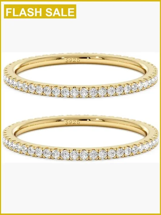 2mm Sterling Silver Gold Eternity Wedding Ring Band Stackable CZ Sz 5-10 Pair