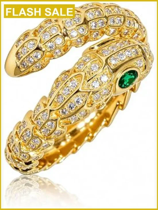 Adjustable 18K Gold Plated Snake Ring Women Statement Cubic Zirconia Size 6-9