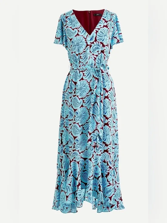 NWT J.Crew V-neck flutter-hem dress in aqua paisley