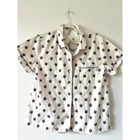 J.Crew Cotton Pajama Top Purple Polka Dot Piped Sleep Shirt Women’s M NWT
